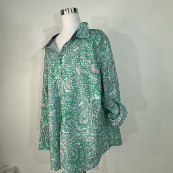 Charter Club Shirt Womens 24W Button Up Top Blouse Roll Sleeves Green Pink NWT - Picture 16 of 16